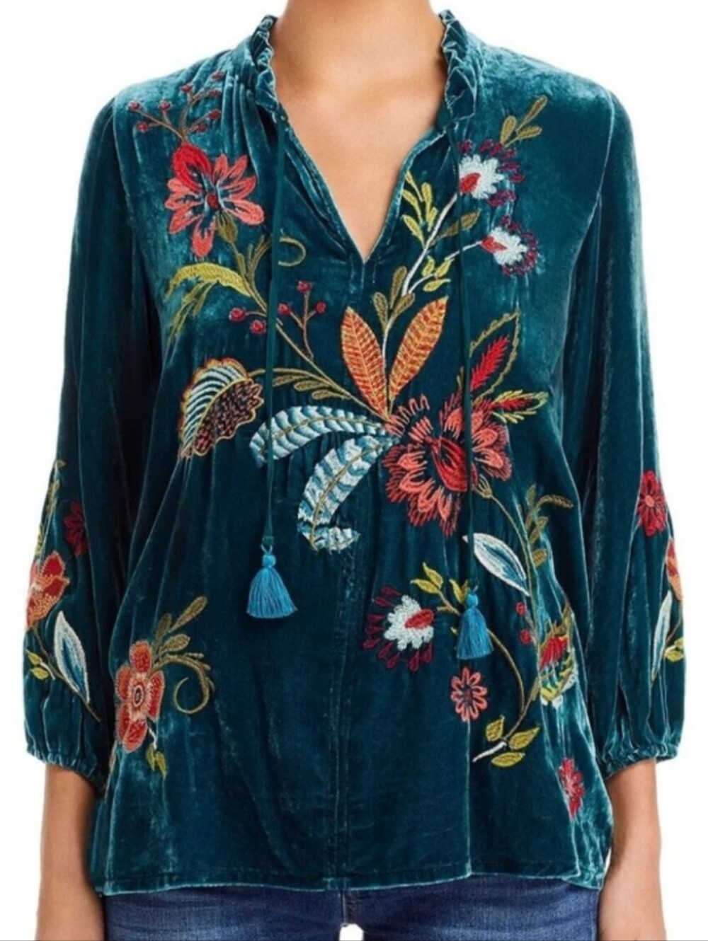 Johnny Was Isabella Silk Teal Velvet Embroidered Peasant Tunic Size XS NWOT